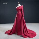 Red High Slit Satin Evening Ball Gown - FashionByTeresa